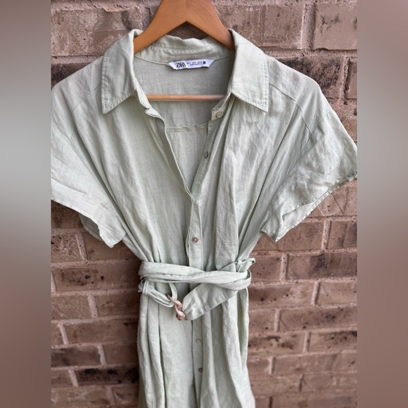 Zara Green Linen Collar Belted Dolman Sleeve Mini Dress - Picture 6 of 10